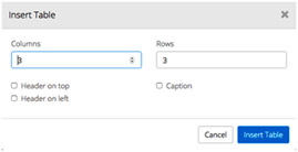 Inserting table dialog box